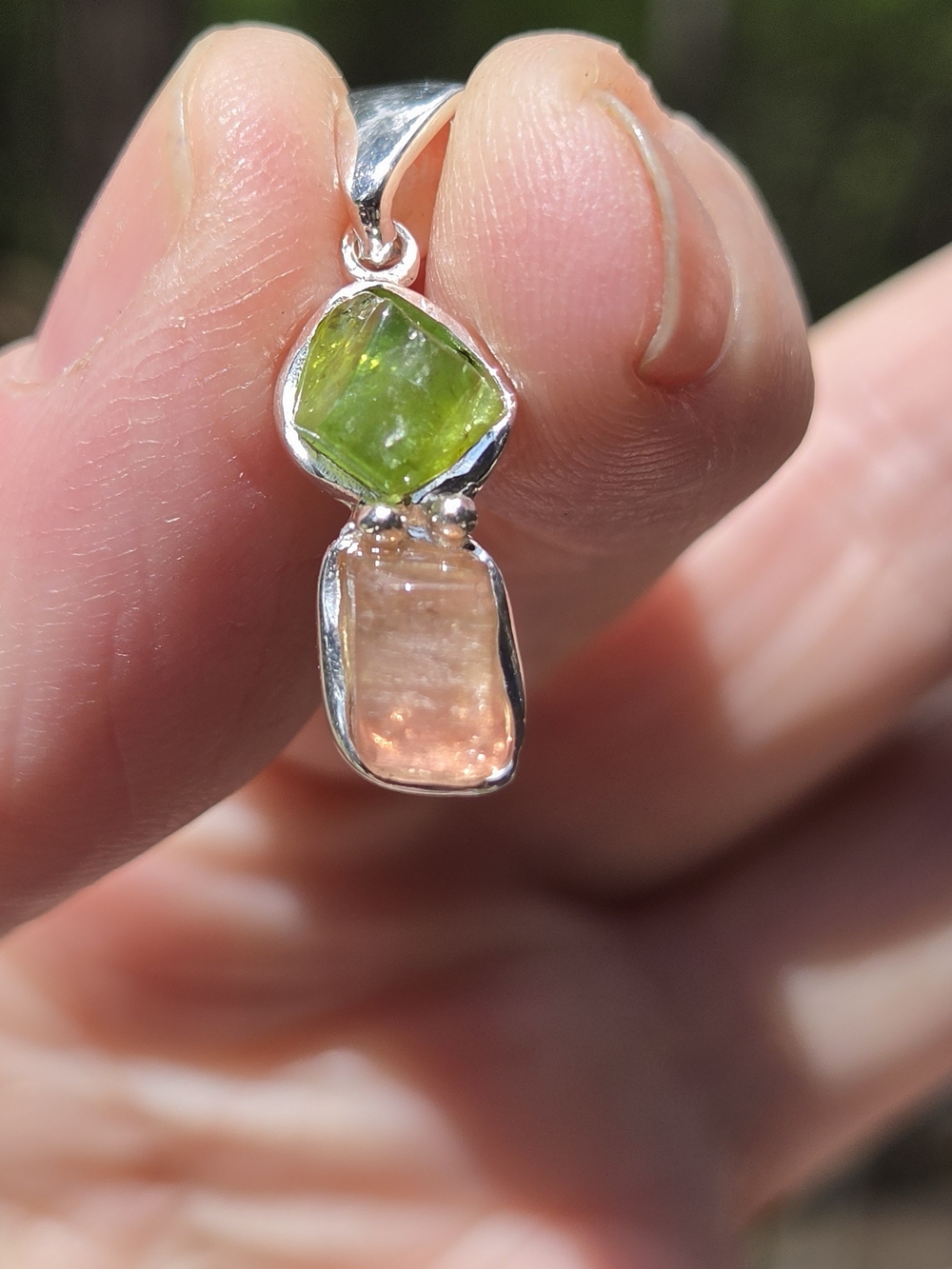 Tourmaline Green & Peach Natural Gemstone Sterling Pendant